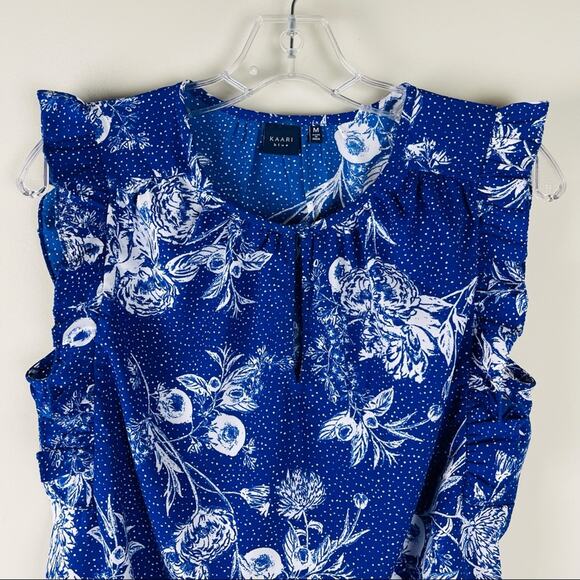 Kaari Blue white floral dot ruffle cottagecore office tank top medium - Picture 2 of 8